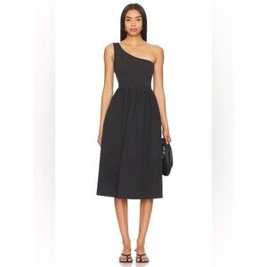 NATION LTD Women’s Connie One Shoulder Smocked Cotton Dress in Black Size M